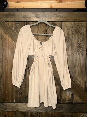 wild fable Beige Cotton Midi Dress with Cut Out and Tie Neck